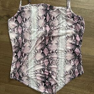PrettyLittleThing Pink and Black Snake Print Bodysuit